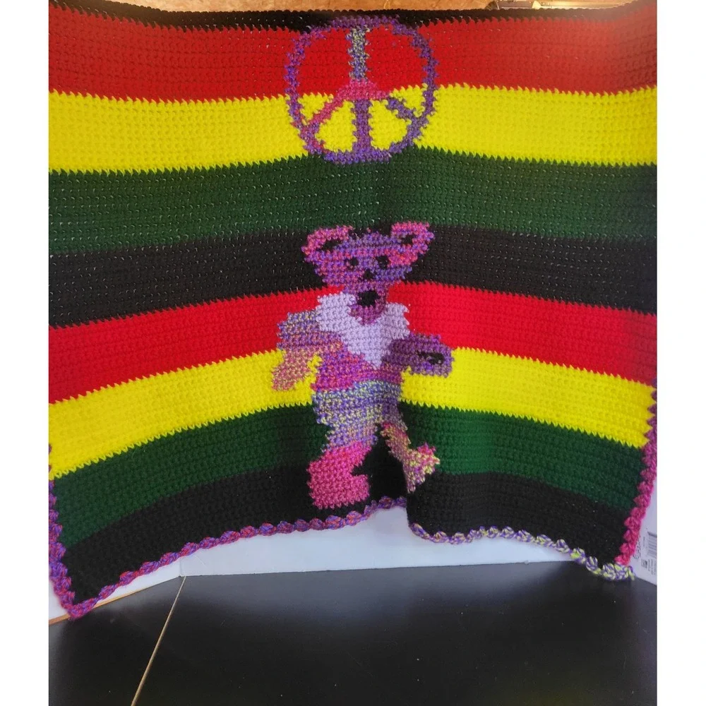 Grateful Dead‎ Peace Bear Crochet Blanket Handmade Hippie Throw 37x33
